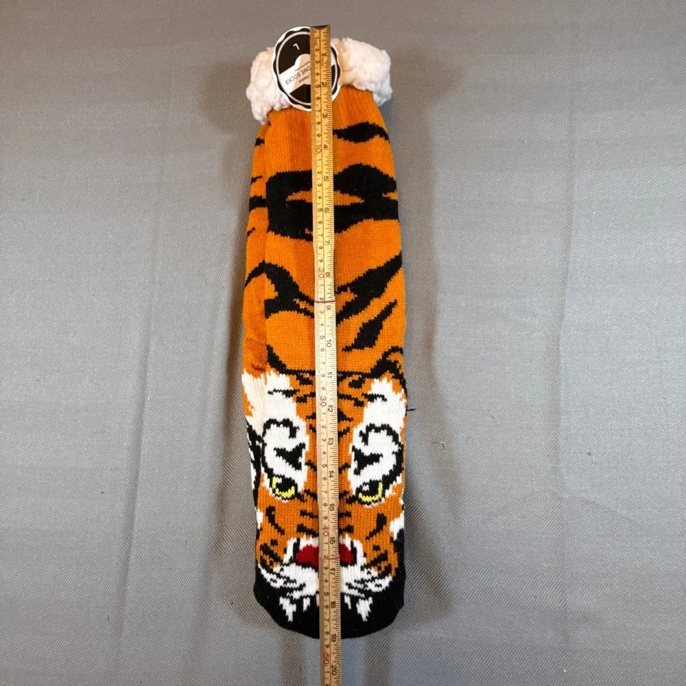 Sweet Home Socks Tiger Slipper Socks Sherpa Lined Non-Slip Orange Large 2261